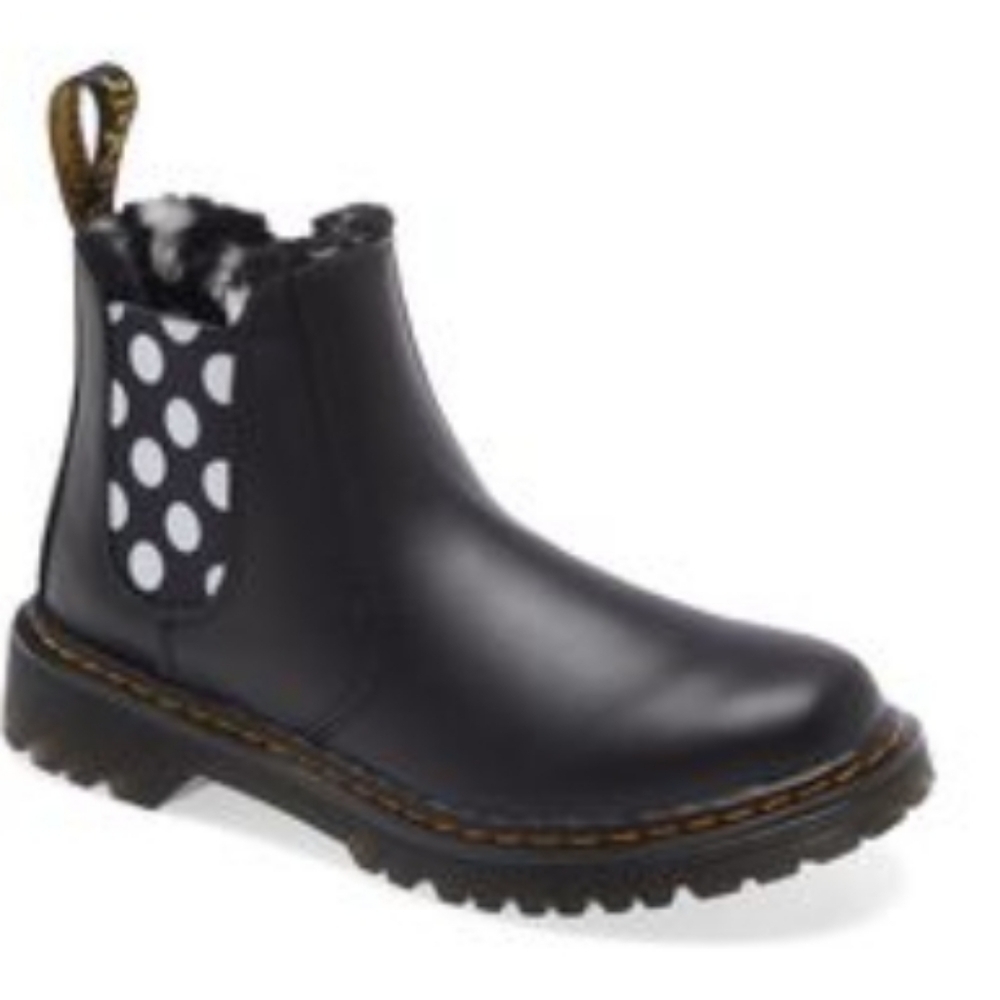 Dr. Martens Leonore Romario leather faux fur polka dot black boots sz 10 toddler